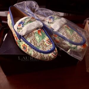 Ralph Lauren Averi II floral Monogram Jacquard Loafer New ENGLAND BLUE Size 10